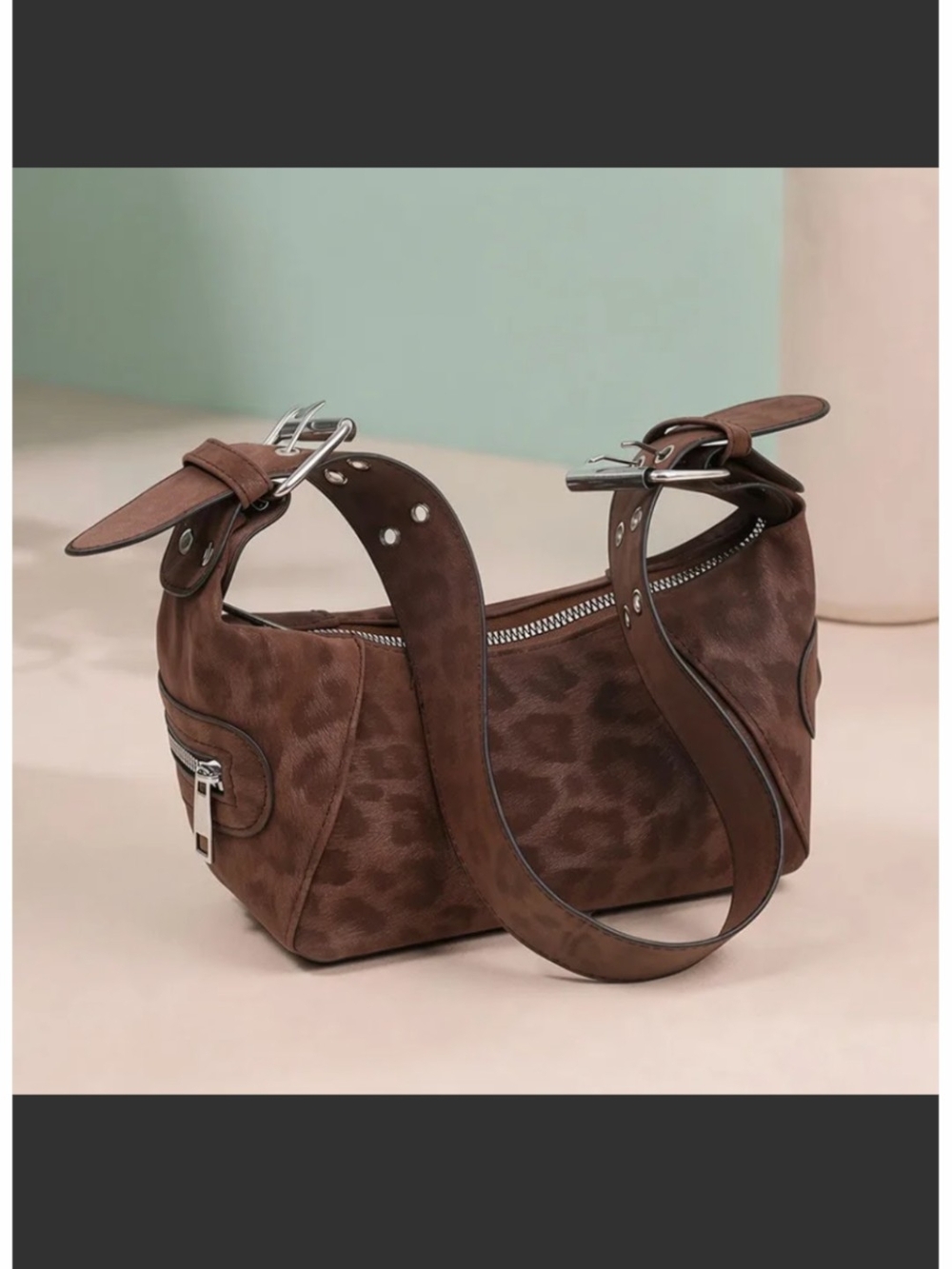 Leopard-Print Brown Shoulder Bag with Silver Buckle Detail